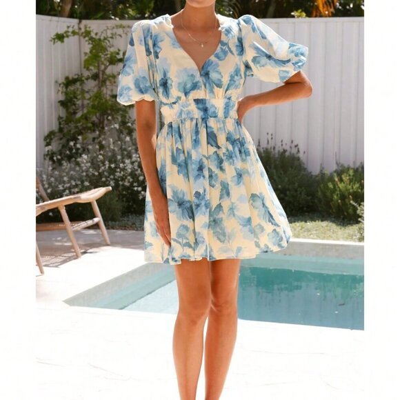 Blue Elegant Women's Floral V-Neck Gathered Waist Petal Sleeve A-Line Mini Dress - Picture 7 of 9